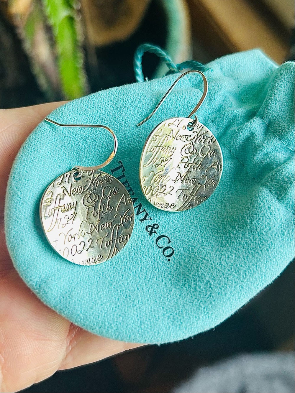 Tiffany & Co. Notes 925 Sterling Silver Engraved Disc Drop Danglers ✨w/Pouch✨